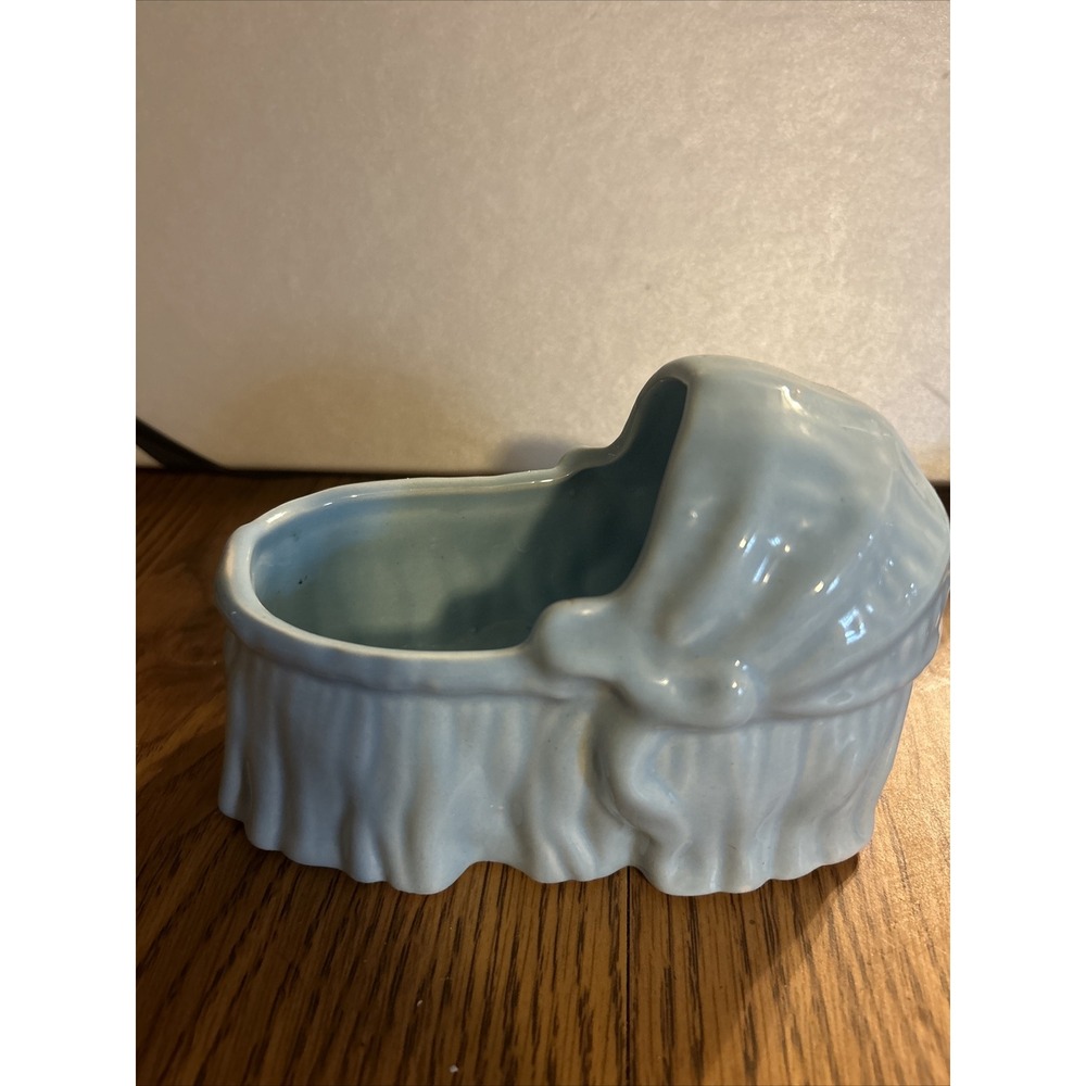 Vintage Pottery Planter Figural Planter Baby Bassinet Nursery light Blue Aqua